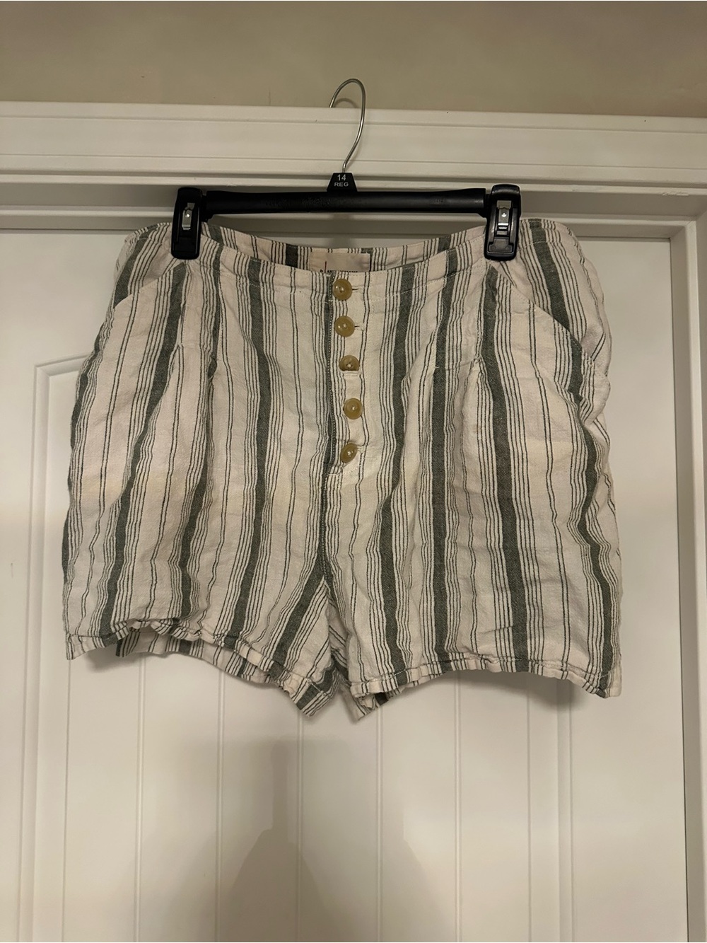 Anthropologie Striped High-Waist Button-Front Shorts - Cream & Olive